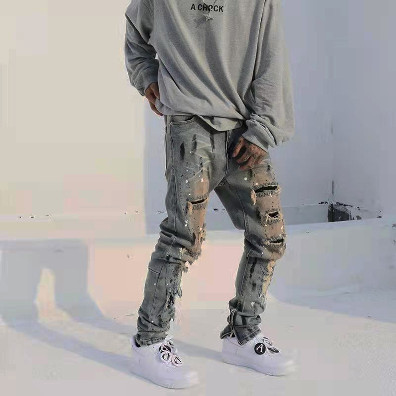 

Men' Jeans American High Street Casual Destruct Wash Water Tide Fried Street Advanced Broken Hole Splash Ink Denim Straight Trousers, D590