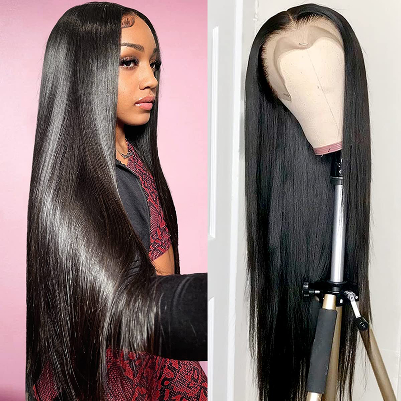 

Brazilian Straight Lace Front Wig Hand-tied HD Laces Wigs Remy Human Hair Wig Pre Plucked Natural Hairline, Black
