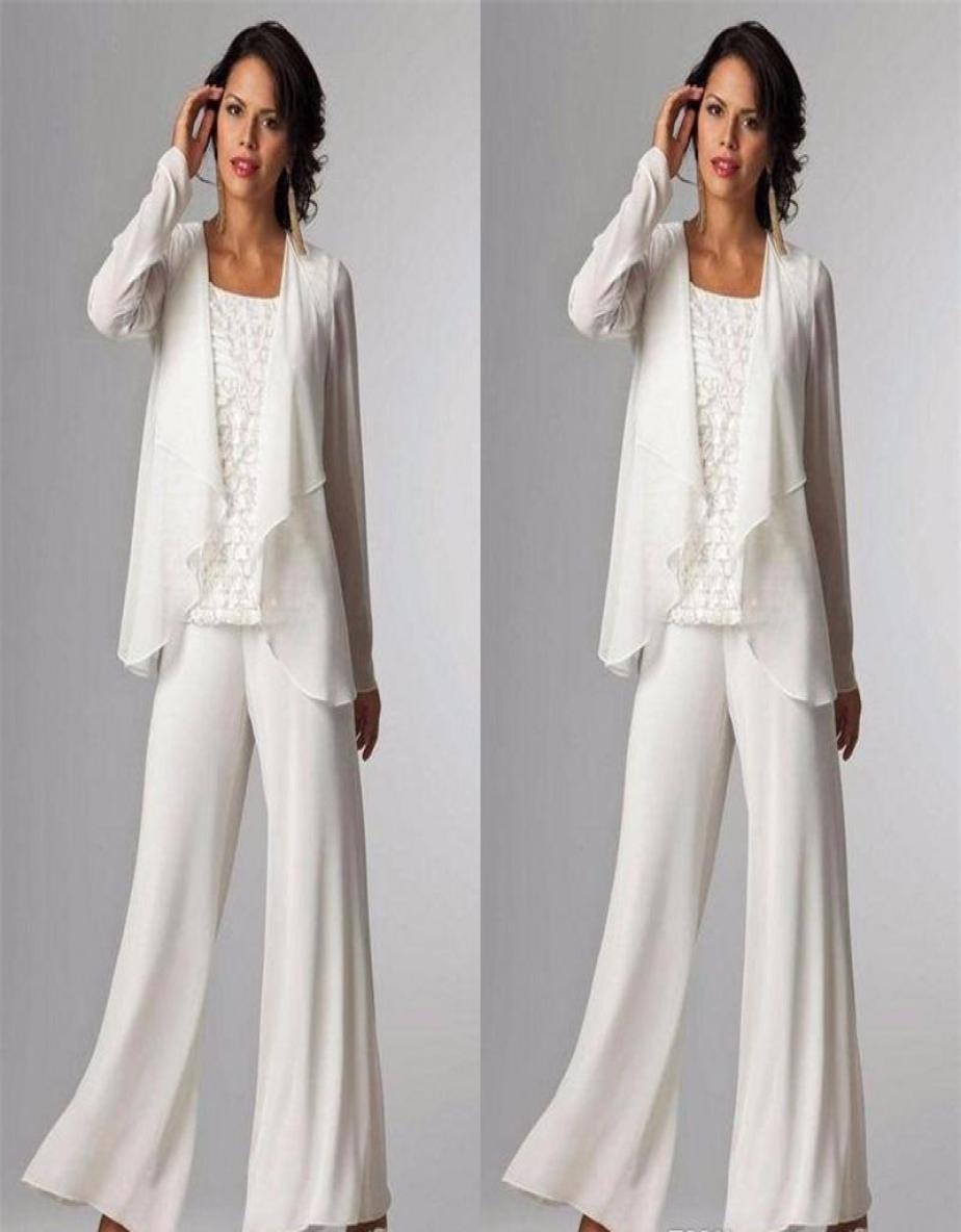 

Elegant Chiffon Mother of The Bride Dresses There Pieces Long Sleeve Jackets Lace Pant Suits For Women Mother Groom Plus Size Gown3891118