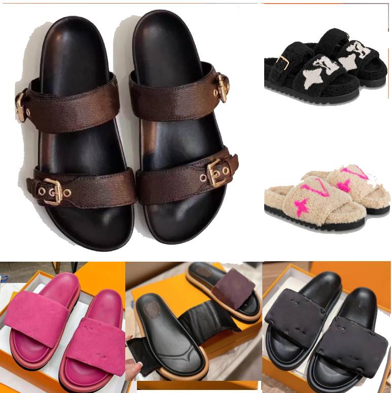 

Big size Designer Sandal leather Flat Mule Slipper buckle sandals Shearling warm slipper fur wool slides winter fluzzy fashion shoes, Color 2