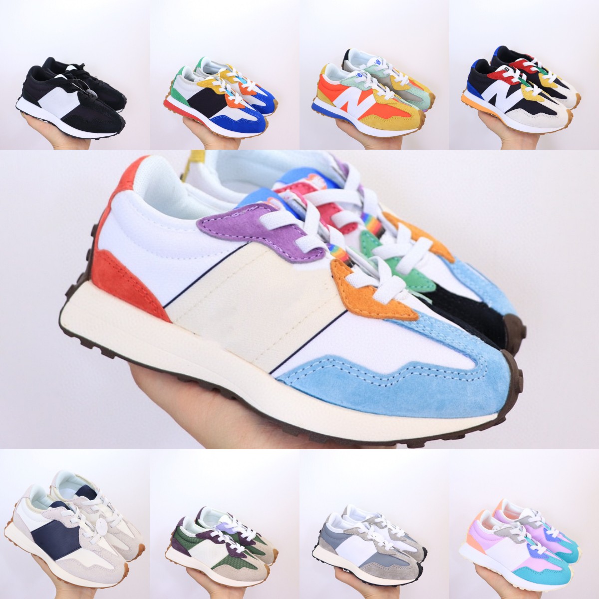 

Children N 327 kids Shoes leather sneakers Boys Girls Blue Light Camel velvet platform Sports Outdoor Running White Green kid youth Shoe Size 27-35, Without box