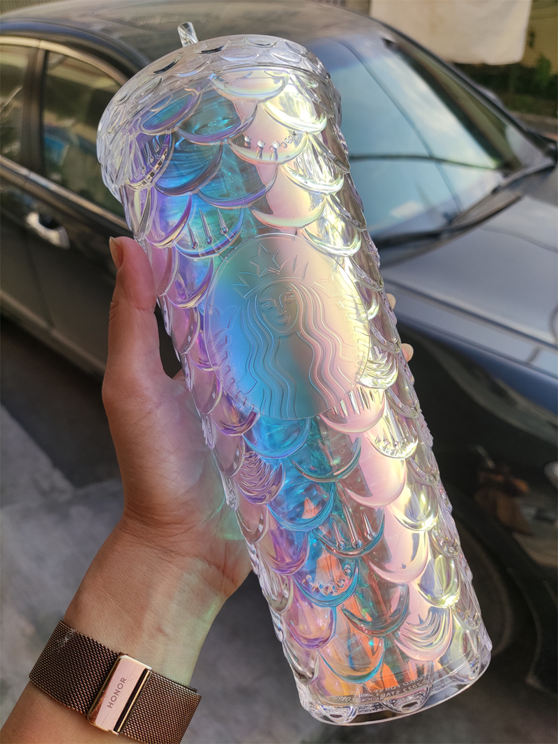 

year Mermaid Starbucks cup Bling Chrome Gold Berry sangria studded tumbler Cold Cup 24oz Venti Grande keychain, Multi-color