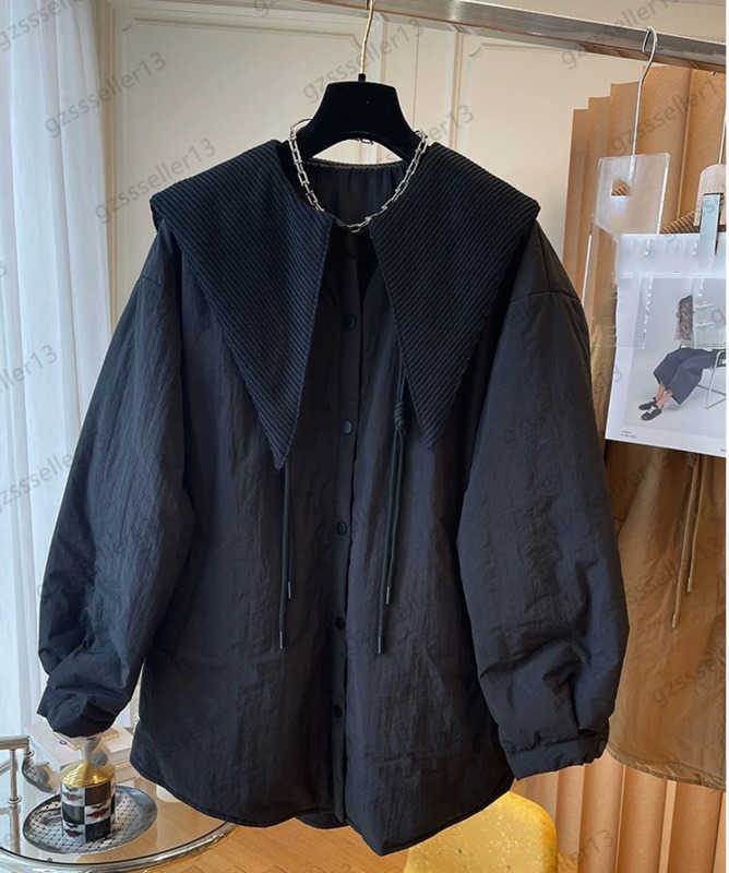 

Puffer Coat Womens Down Parkas Doll Collar Silhouette Light Warm Winter Coats Curved Hem Single Row Button Flap Drawstring Long Sleeves Jacket Women Clothing 1970