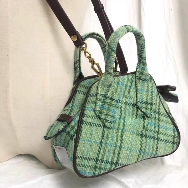High quality Plush plaid Tweed bowling bags small size green Harris woolen tote bags Bowler chain handbag shoulder strap Dumpling hobos bag hasp viv