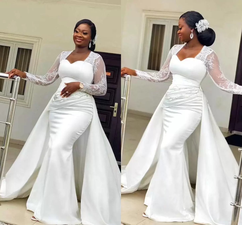 

Lace Long Sleeve Mermaid Wedding Dresses African Plus Size Aso Ebi Sweetheart Stain Bridal Gowns vestidos de novia BC14726, White