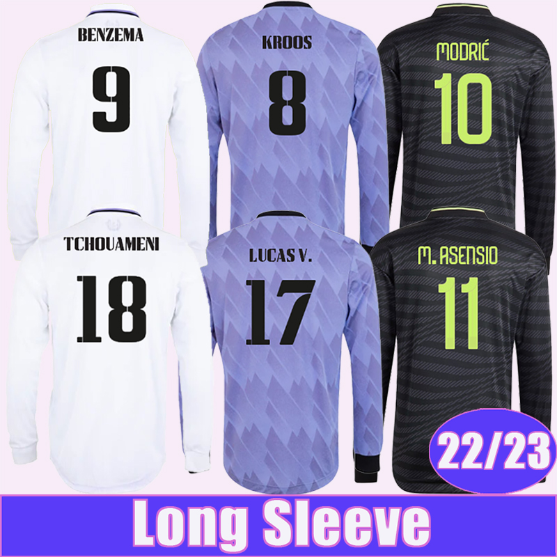 

22 23 HAZARD ASENSIO MODRIC Mens Soccer Jerseys SERGIO RAMOS BENZEMA ISCO KROOS MARIANO MARCELO Home Away 3rd Long Sleeves Football Shirts, Cx9592 22 23 away no patch