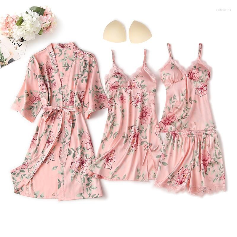 

Home Clothing Kimono Bathrobe Gown Satin 4PCS Pajamas Suit Women Print Flower Sleepwear Soft Intimate Lingerie Lace Nightgown Homewear