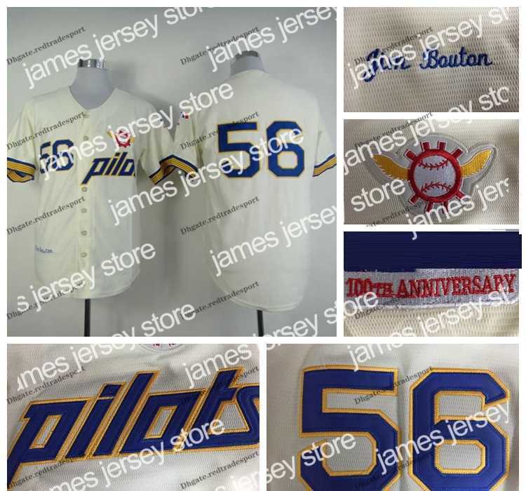 

College Basketball Wears Mens Vintage #56 Jim Bouton Jersey Seattle Pilots Baseball Jerseys Cream Stitched Shirts 1