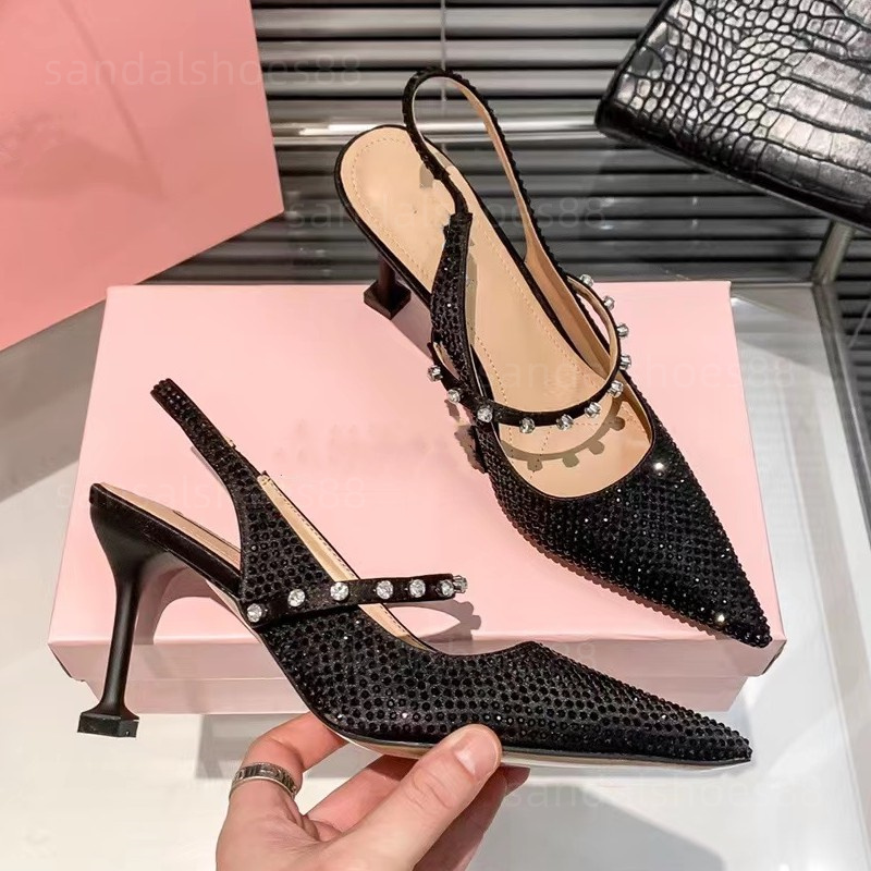 

rhinestone Heel Loafers Women dress shoes designer high heels satin slingback pumps crystals black white ballerina pump loafer ballet heel shoe for party wedding