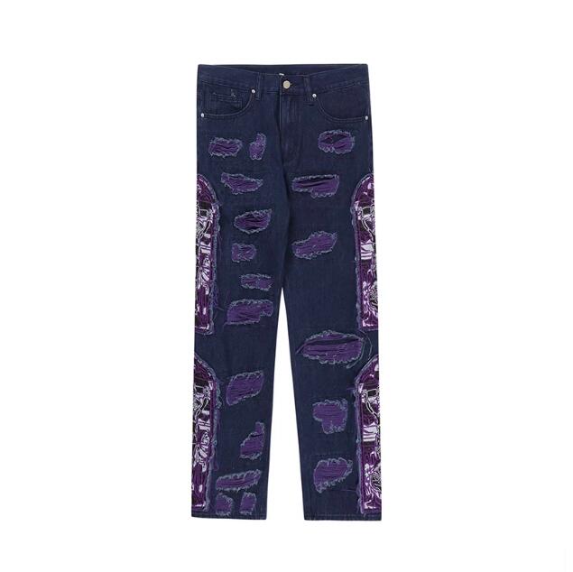 

Tassel Embroidered Jean Pants Men Washed Patch Straight Ripped Denim Baggy
