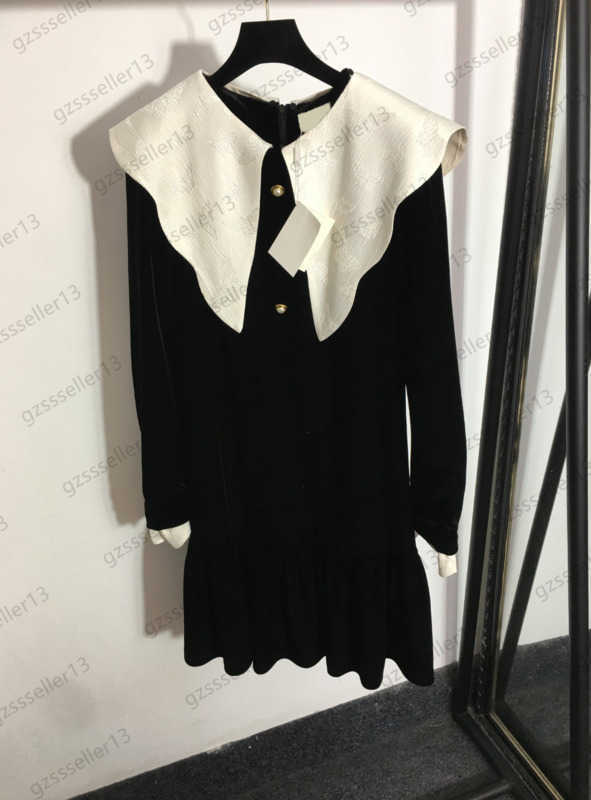 

Casual Dress Womens Designer Clothing Back Zipper Pearl Buttons Ruffled Collar Dresses Velvet Fabric Long Sleeves Peplum Dress Women Apparel 1970