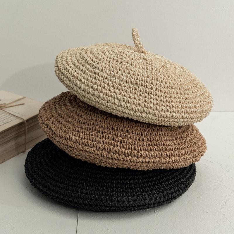 

Berets Spring Summer Women's Hand Made Beret Straw Hat Beach Outdoor Retro Literary Pure Color Breathable Painter, Black