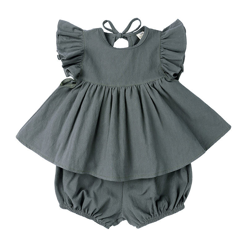 

Girls' summer cotton linen clothing sets baby girl thin flying sleeve top shorts two-piece suit, White