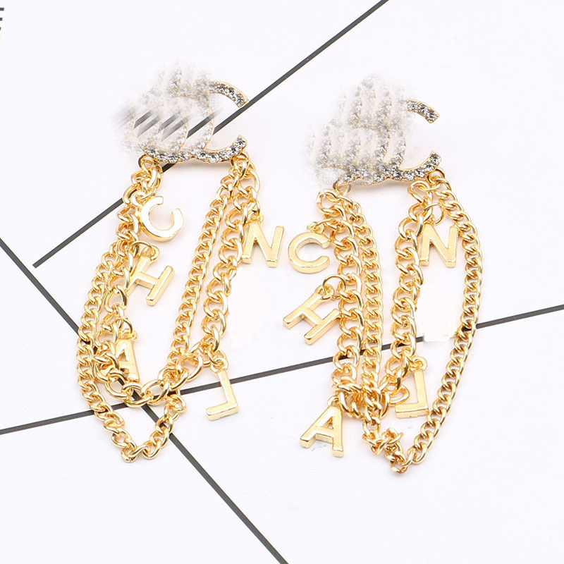 18K Gold Plated Luxury Brand Designers Letters Stud Dangle Hoop Geometric Famous Women Long Eardrop Crystal Rhinestone Tassels Earring Wedding Party Jewerlry