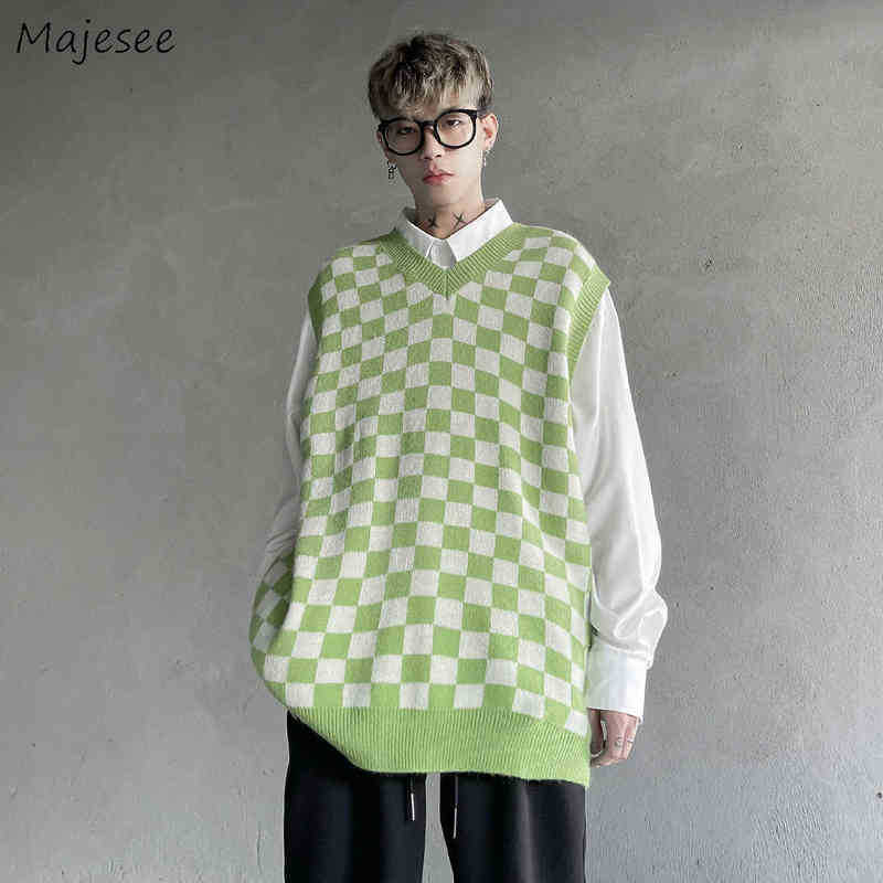 

Sweater Plaid Sweater Vests Men Fashion Designer Loose Retro Couple Teenagers K, Black