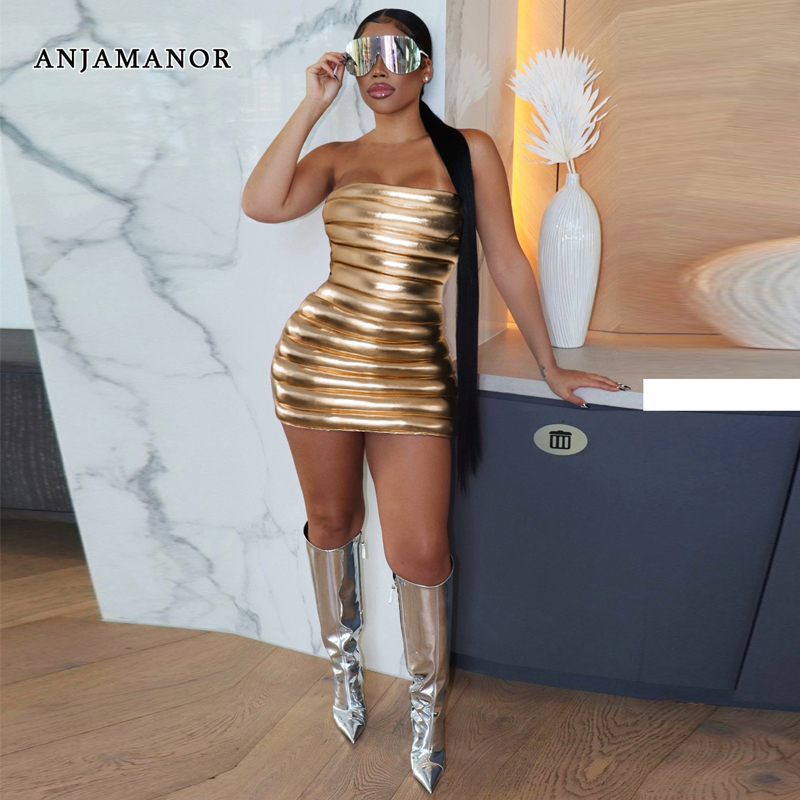

Casual Dresses ANJAMANOR Tube Top Backless Bodycon for Women Sexy Clubbing Outfits Metallic Gold Silver Strapless Mini Dress D48 DC36 221121