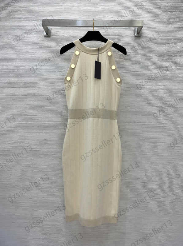 

Casual Dresses Womens Designer Clothing Gold Thread Bright Silk Blend Stretch Slim Long Skirt Button Trim Back Zipper Halter Neck Sleeveless Dress Woman Wear 1970