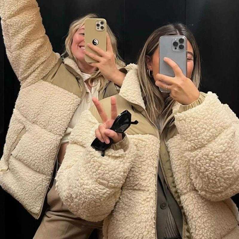 

Women's Jackets Winter Fleece Jacket Women Faux Shearling Outerwear Coats Female Suede Fur Coat Men Warm Thickened Lamb Puffer, Patchwork camel