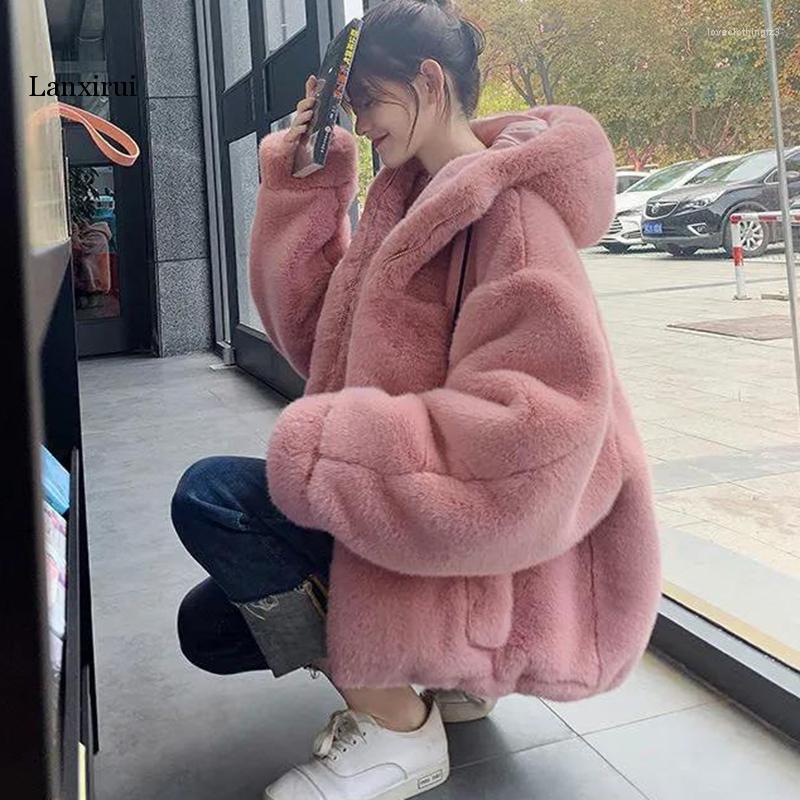 

Women' Fur Autumn Winter Faux Coat Female Hooded Plush Loose Warm Women, Beige