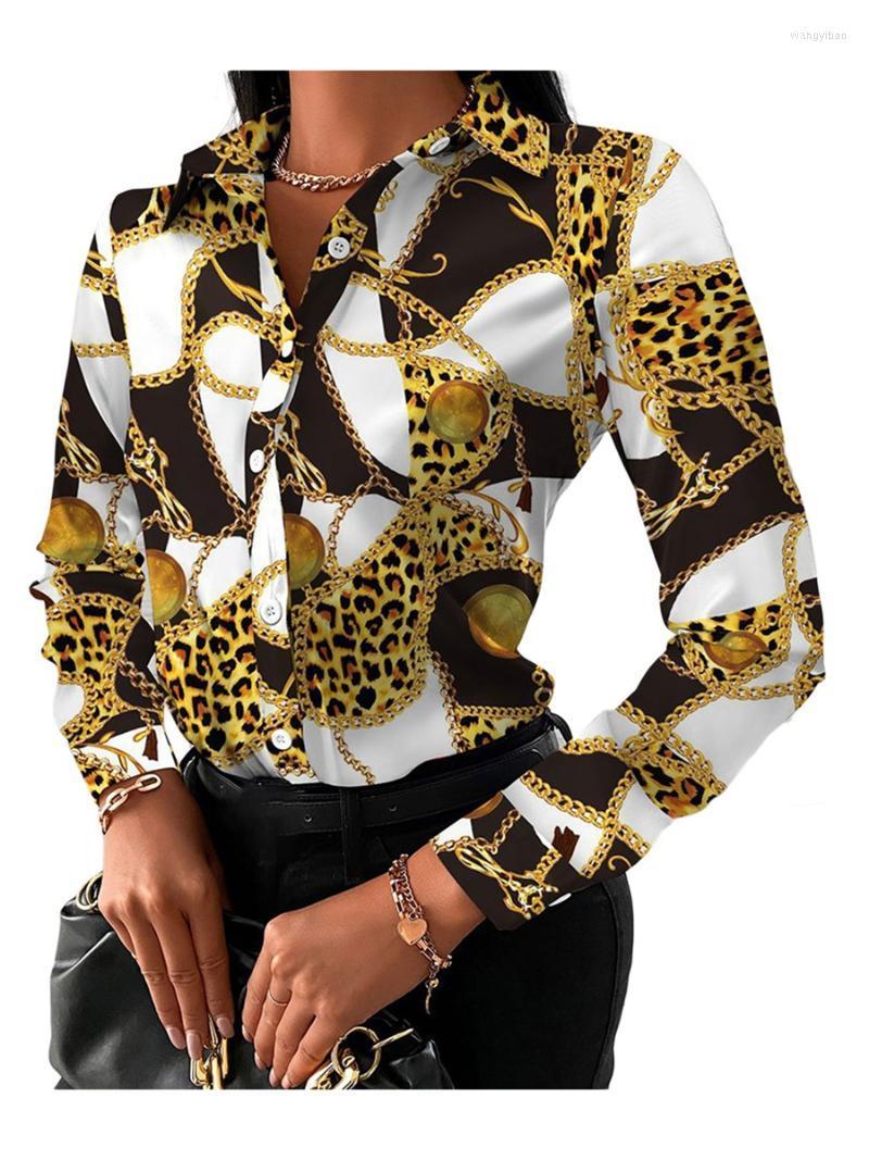 

Women's Blouses Women's & Shirts Women Retro Tops Long Sleeve Lapel Neck Chain Floral Letters Square Print Spring Fall Party Casual, Yellow chain