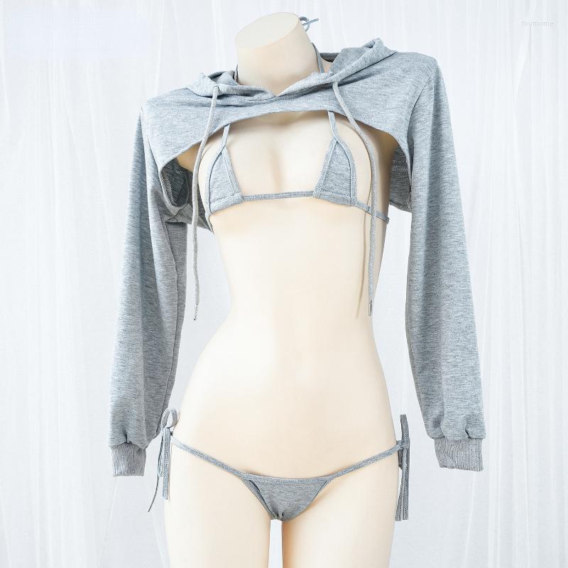 Women&#039;s Swimwear Lolita Anime Girls Grey Bikini Set Cosplay Sexy Hooded Long Sleeve Sweatshirt Halloween Bandage Swimsuit Lingerie-image-822220050