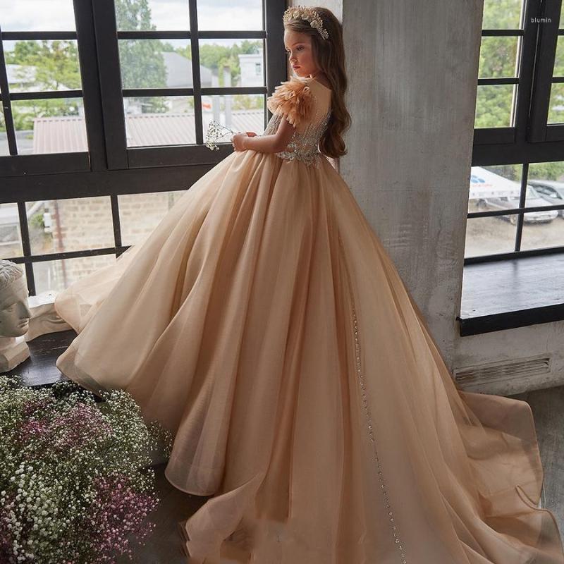 

Girl Dresses Vintage Champagne Cap Sleeve Flower For Wedding Junior Bridesmaid Dress Long Pageant Birthday Party Gowns