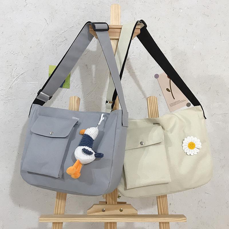 

Korean Nylon Cloth Tote bag Shoulder Crossbody High capacity Outer pocket Ins Casual bag, White