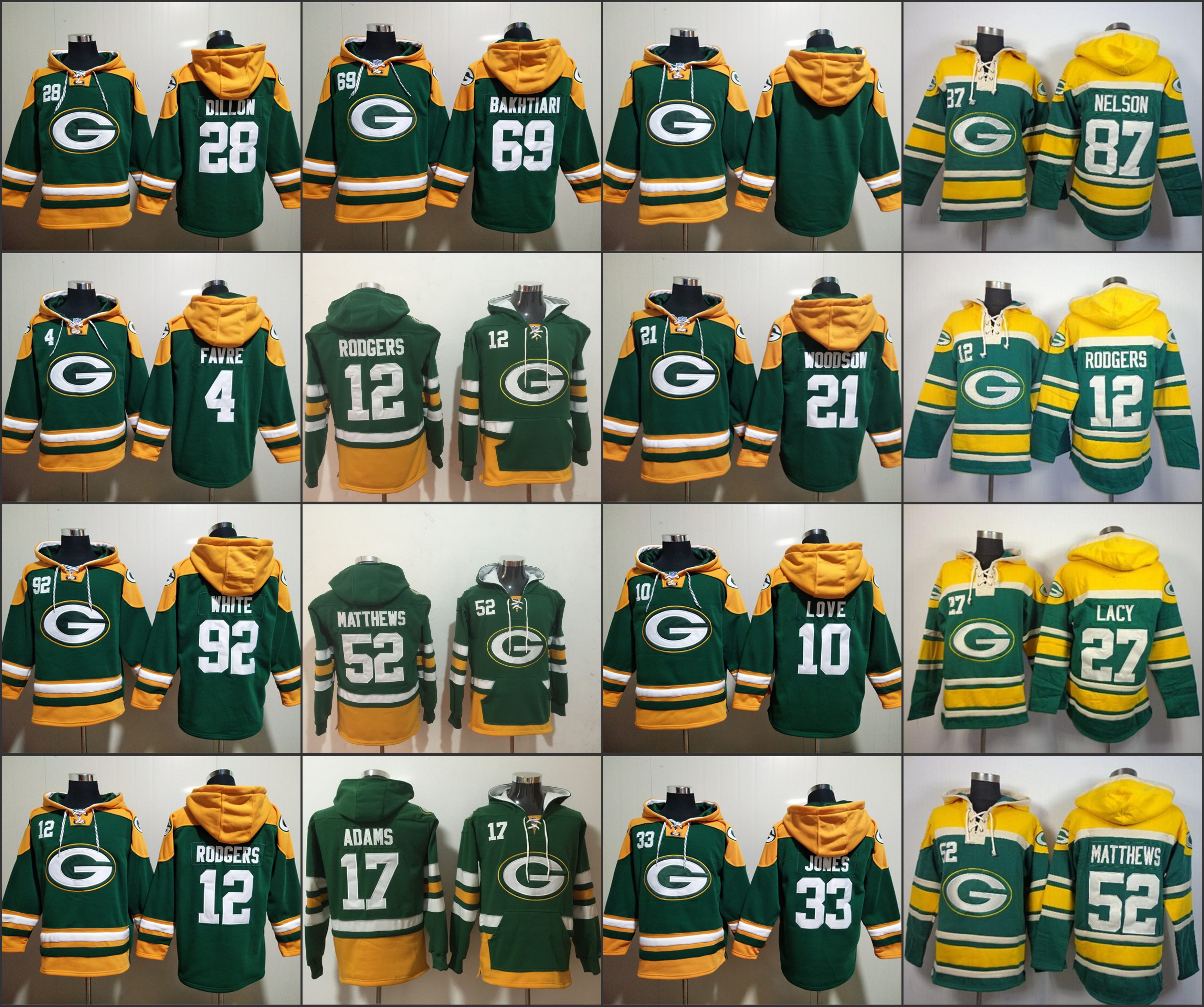 

Green Bay''Packers''Men #33 Aaron Jones 12 Aaron Rodgers 4 Brett Favre Custom Green Lace-Up Pullover Hoodie