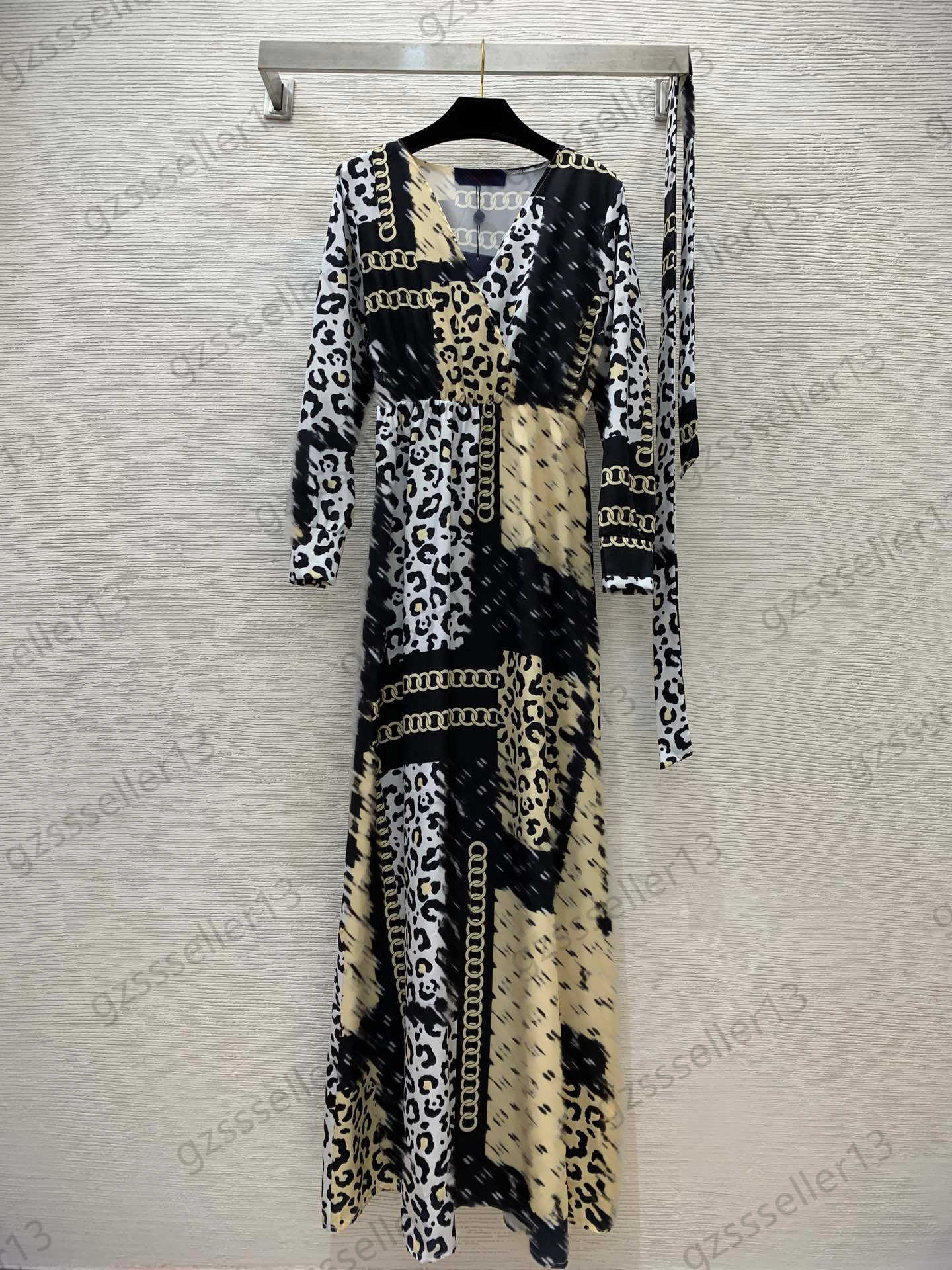 

Dress Womens Designer Clothing Casual Dresses Leopard Print Slimming Ankle-Length Dress Belt Waist Folding Design V-neck Long Sleeves Maxiskit Woman Clothes