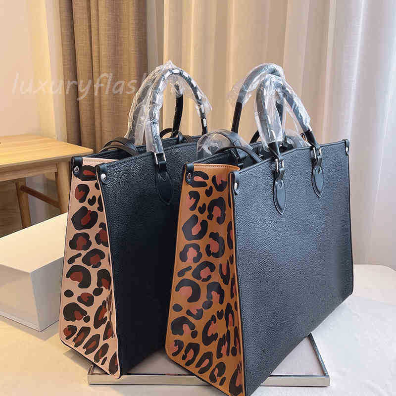 

2021 Latest ON THE GO Handbag Bags Leopard Print Side Stitching Large-capacity Shopping Bag Fashion High-quality Designers Luxurys Shoulder, Black+khaki leopard