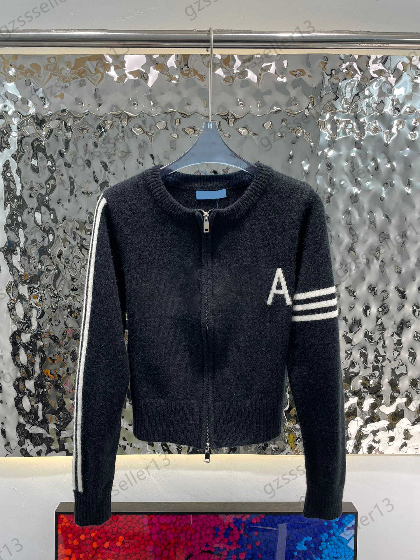 

Womens Sweater Contrast Color Letter Prints Striped Long Sleeve Double End Zipper Flap Knit Sweaters Crew-neck Tight Basic Style Joker Knitwear Women Wear