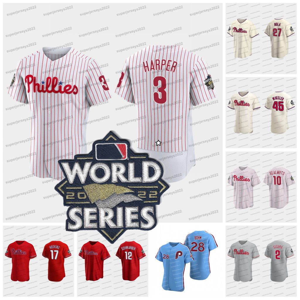 

17 Rhys Hoskins Phillies 2022 World Series Jerseys 3 Harper Kyle Schwarber J.T. Realmuto Nick Castellanos Alec Bohm Jean Segura Bryson Stott, Blue flex base