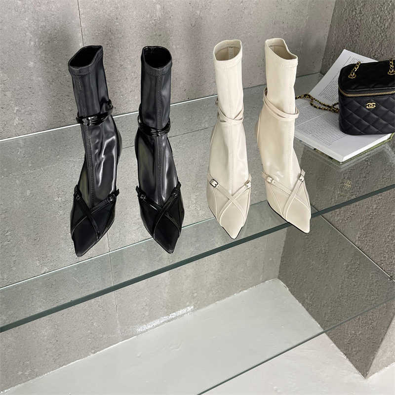 

Fall 2022 New Fashionable Elastic Short Boots Style Pointed High Heel Boots Feminine Sleeve Medium Boots, Black