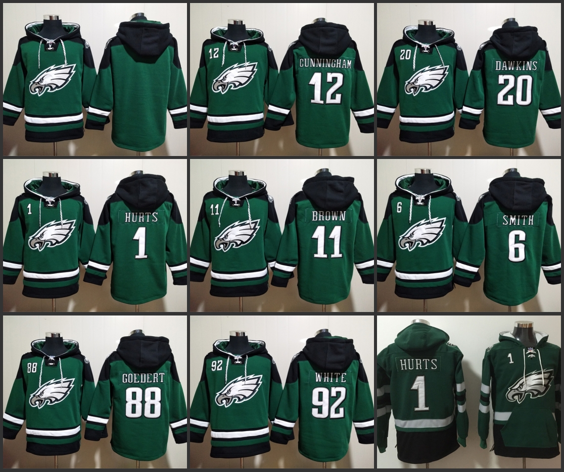

Philadelphia''Eagles''Men #20 Brian Dawkins 1 Jalen Hurts 11 A. J. Brown 6 DeVonta Smith Custom Green Lace-Up Pullover Hoodie