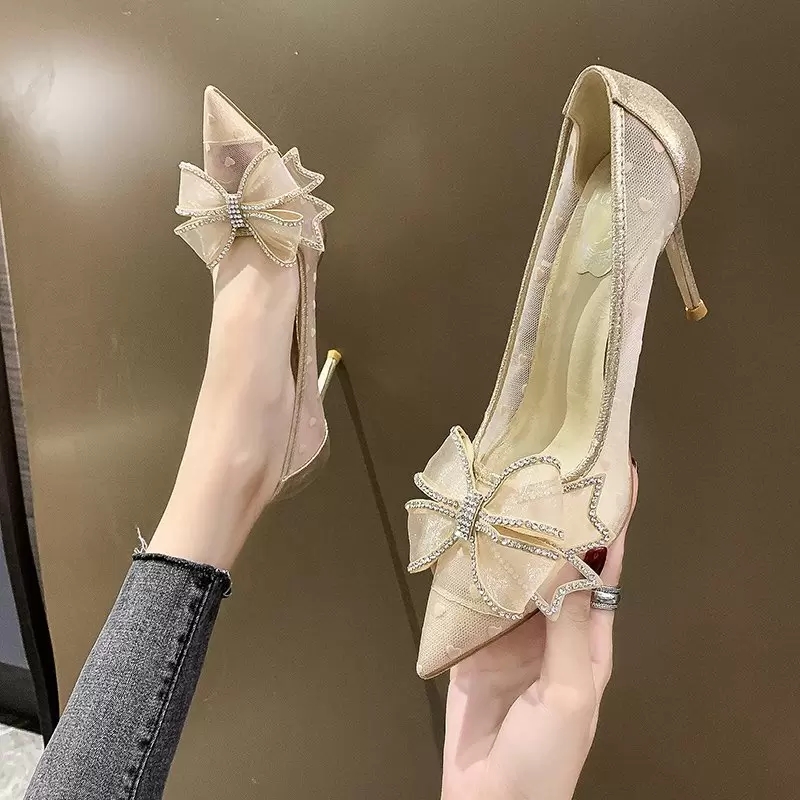 

New Dress Shoes Breathable Lace Stiletto Heels Women Pointed Toe High Heels Party Crystal Bow Pumps Womens Shoe Gold Black
