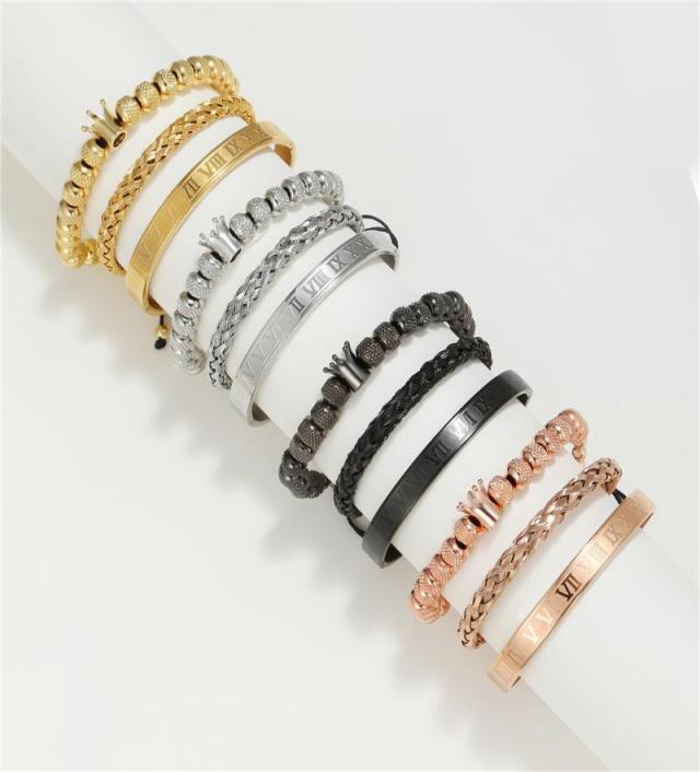 

Bangle 3PcsSets Roman Royal Charm Men Bracelets Sets Stainless Steel Open Cuff Bangles Couple Handmade Braiding Bracelet Jewelry