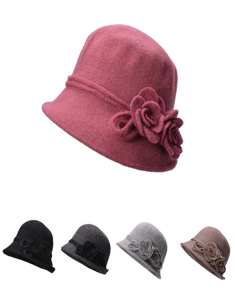 

Womens Retro Wool Cloche Bucket Collapsible Soft Knit Bowler Side Two Flower Roll Brim Hats A4668241889, Black