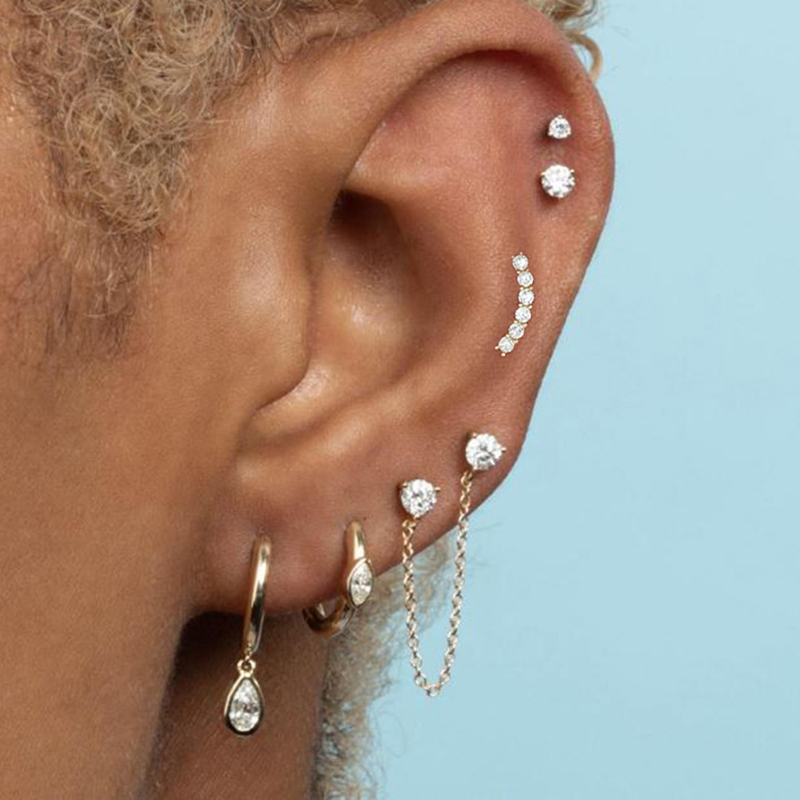 

1PC Stainless Steel Cubic Zirconia Small Hoop Earrings For Women Chain Pendant Helix Tragus Cartilage Earring Piercing Jewelry
