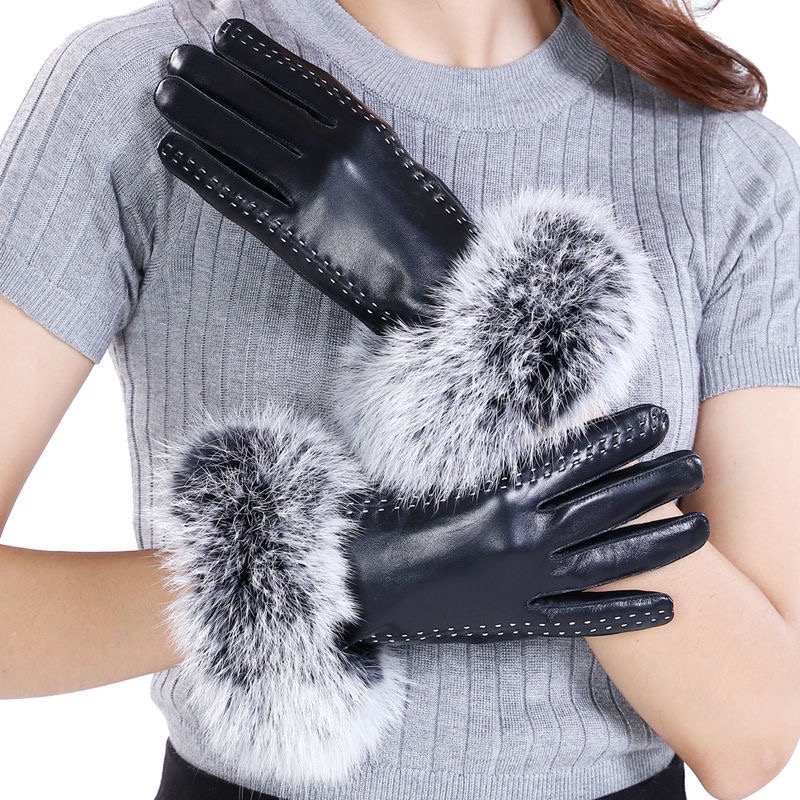 Women Desigenr Leather Gloves Winter Fur Mittens PU Five Fingers Black With Tag Wholesale