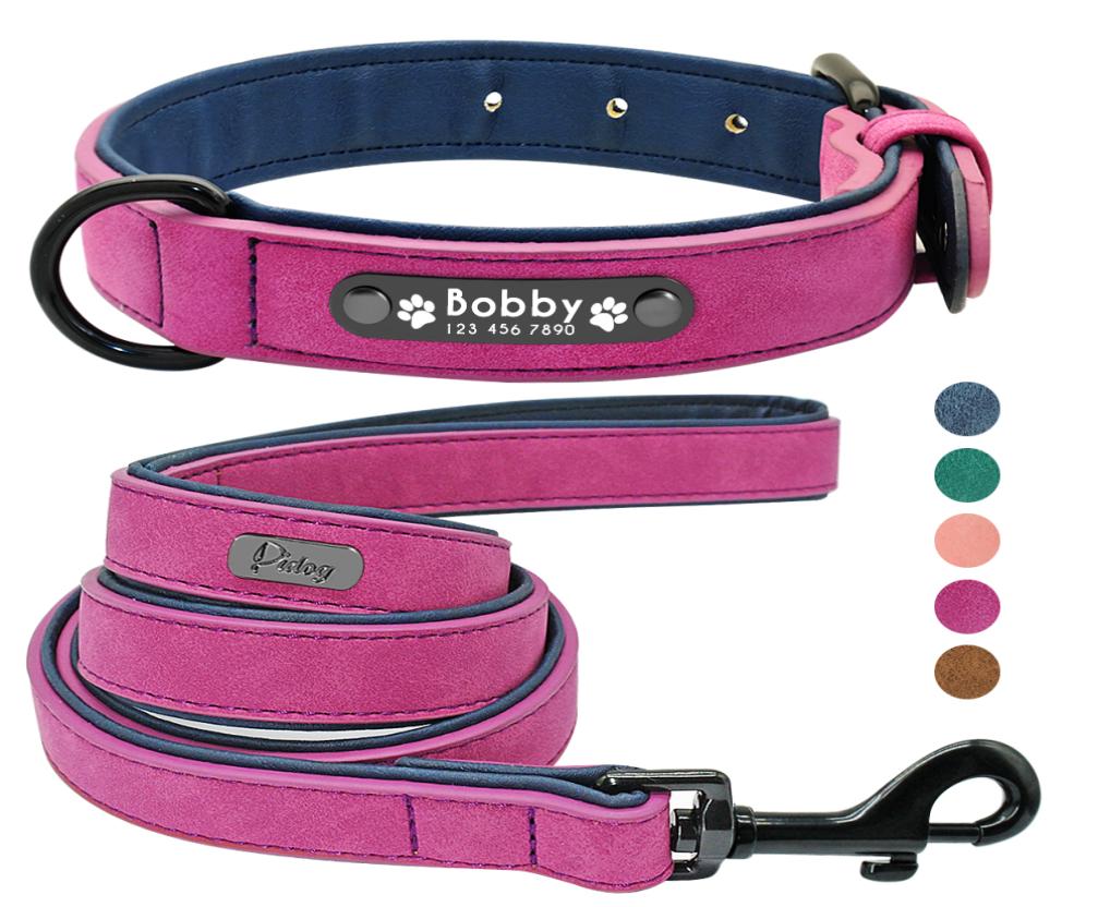

Leather Dog Collar Leash Set Personalized Soft Dogs Collars Lead Padded for Small Medium Large Dogs Pitbull French