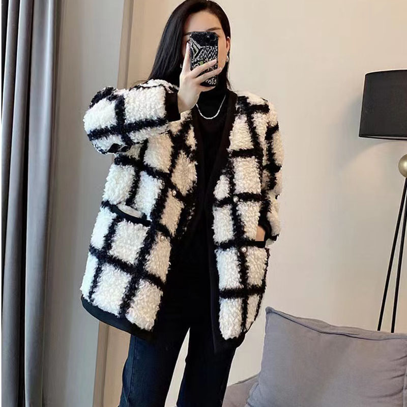 

Women's Jackets Checkerboard Lamb Fleece Coat for Women 2022 New Korean Version Loose and Thickened Versatile Light Fancy Hair Coat, Customize