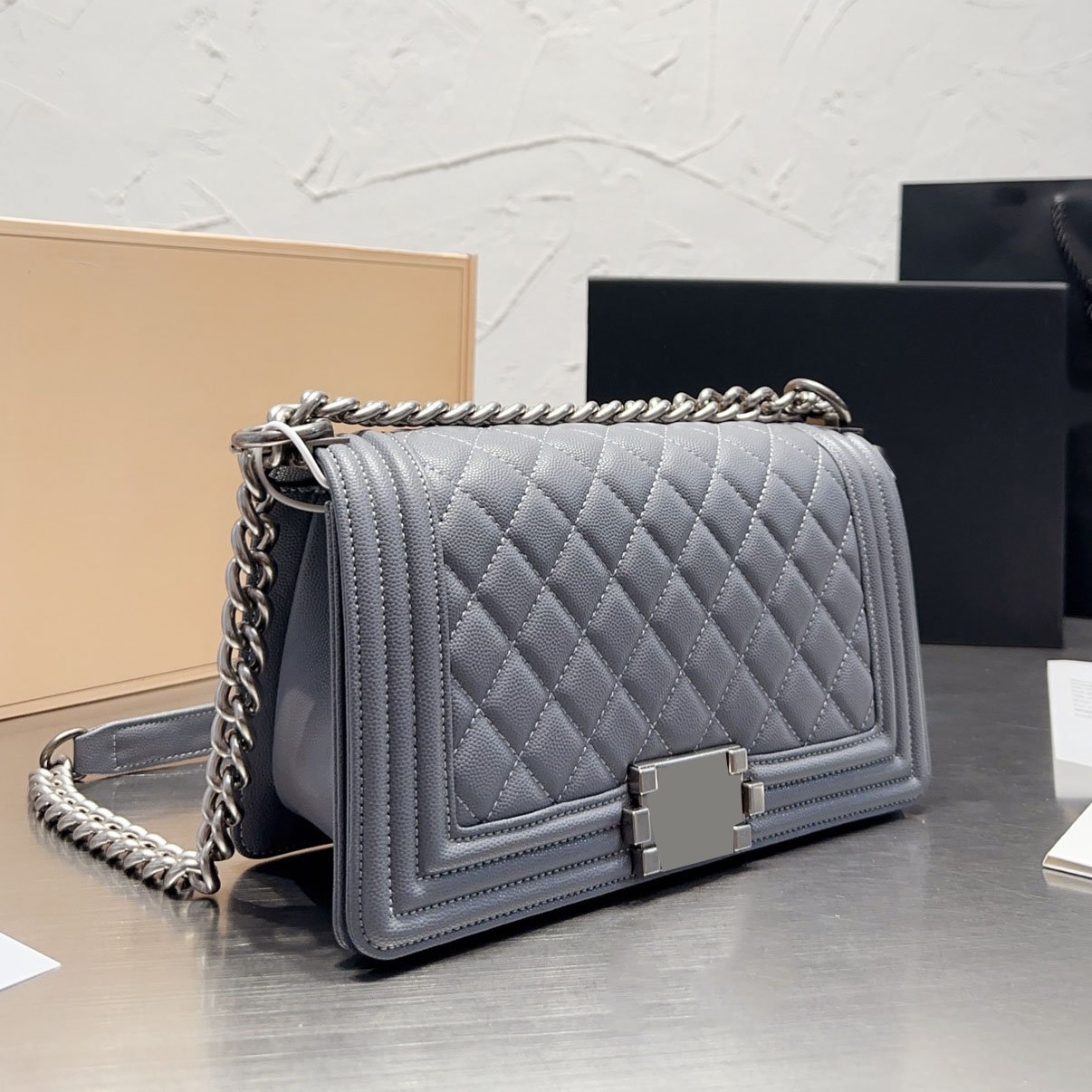 

Shoulder Bags 25CM Womens Classic Flap Quilted Cowhide Bags Caviar Leather Gold/Silver Metal Hardware Chain Strap Crossbody Shoulder Outdoor, Box