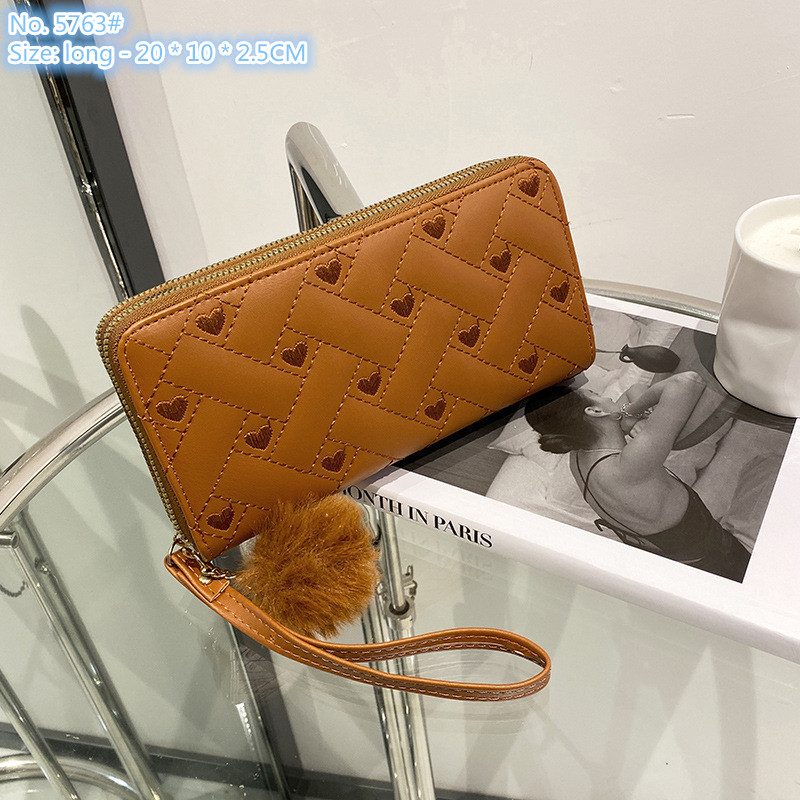 

Wholesale factory ladies shoulder bag 5 colors cute fur ball long wallet sweet solid color leather mobile phone coin purse college style embroidered handbag, Pink-5763#-short