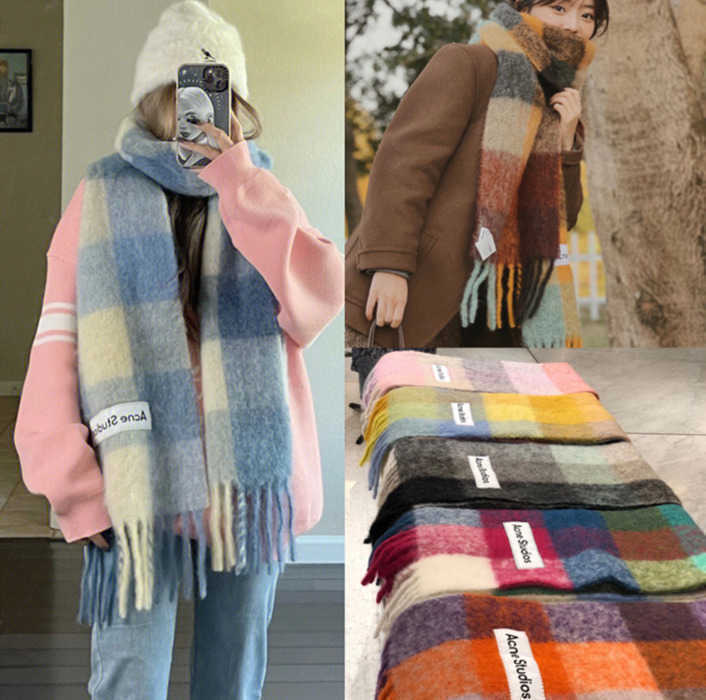 

Designer Acne Scarf Studios Rainbow Contrast Color Double Sided Mens and Womens Wool Tassel Checker QCL9 wm