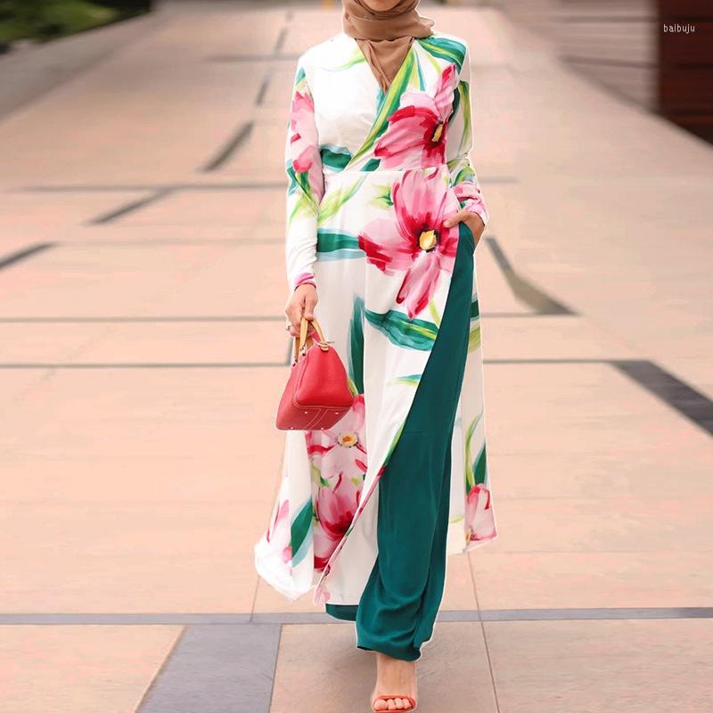 

Ethnic Clothing Two Pieces Tops Pants Muslim Sets Dubai Fashion Robe Women's Simple Wide-Leg Lace Up Printing Dress Suits Y1664