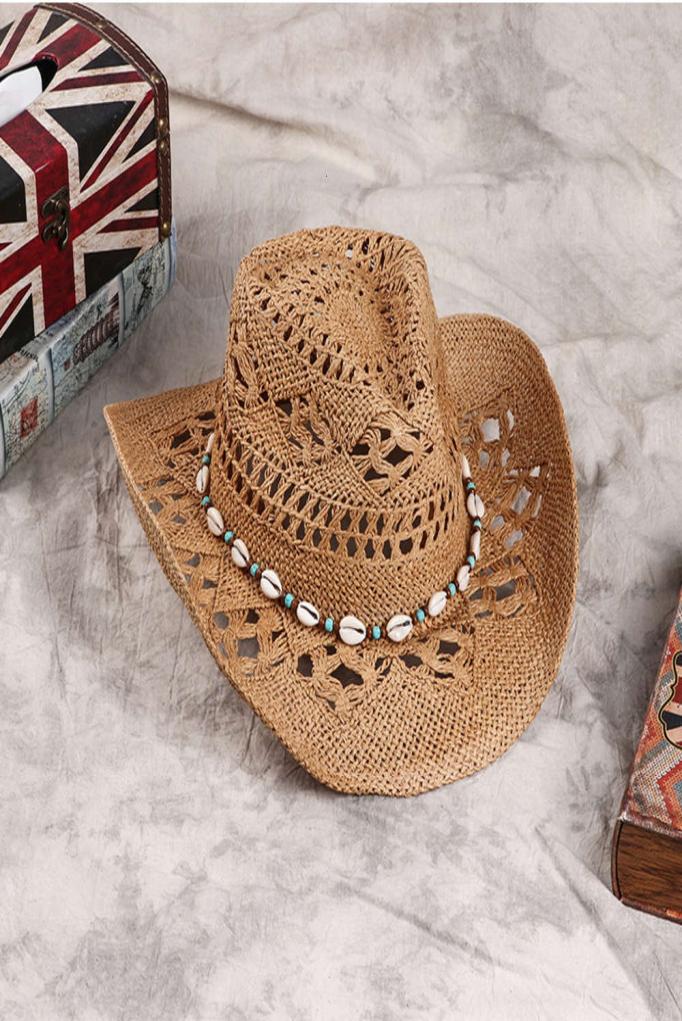 

Western cowboy straw hat hollow out paper rope weaving handmade Beaded sunshade casual hat7543253, Brown gem
