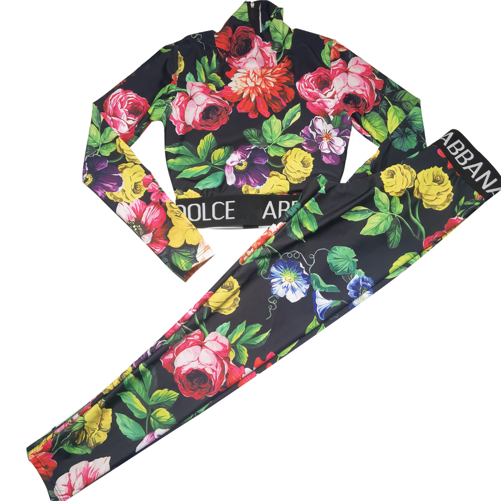 

Womens Leggings suits yoga outfits luxury designers Colorful flower print tracksuit gym suit long sleeve with chest pads top and pants sets sport yogas suits, D-white
