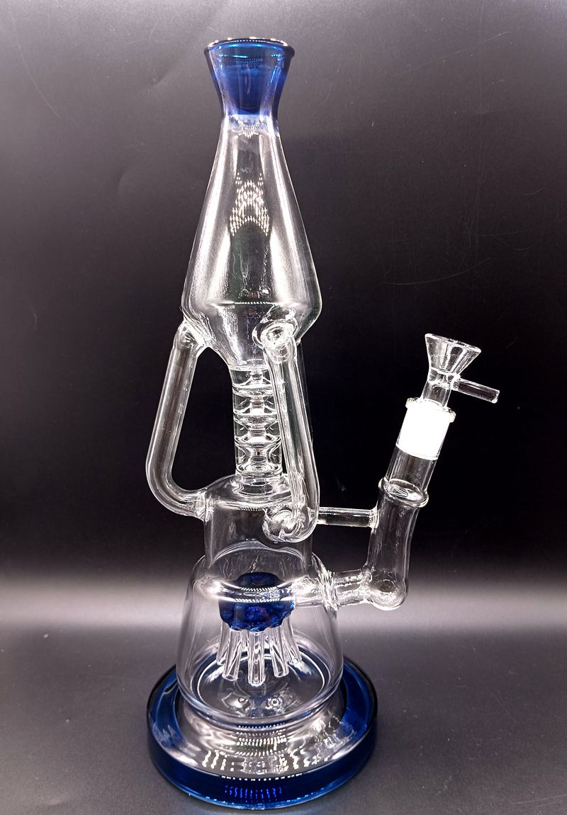 

Blue 16 Inch Glass Water Bong Hookahs with Arm Tree Double Perc Delicate Dab Rig 14mm Smoking Pipes