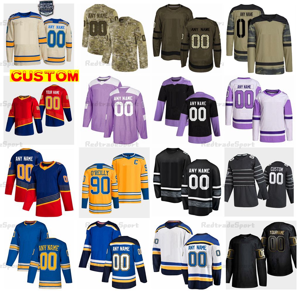 

CUSTOM 2022 Reverse Retro Custom Krug Bortuzzo Hockey Jerseys Robert Thomas Kyrou Barbashev Camo Fights Cancer Tarasenko O'Reilly Parayko Sc, Black gold