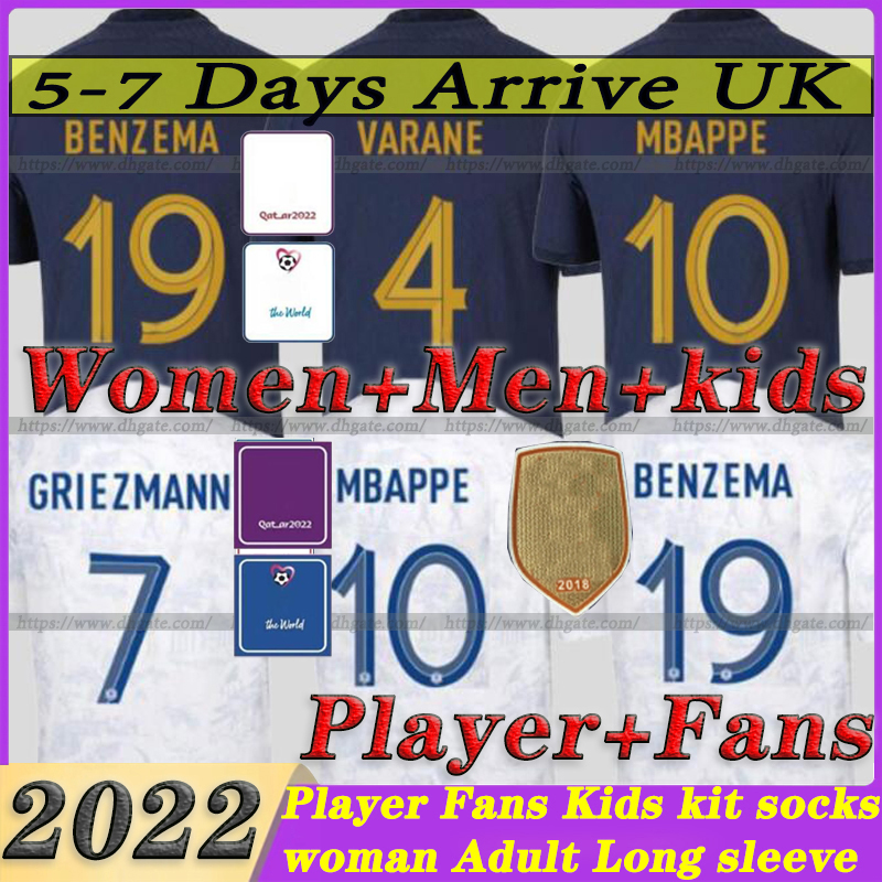 

2022 2023 BENZEMA MBAPPE soccer jerseys player version GRIEZMANN POGBA 22 23 French World Cup national team francia GIROUD fans KANTE Football shirts, 2022 woman home